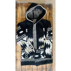 One In A Million Aztec Geometric Knit Hooded Cardigan Sweater Black White